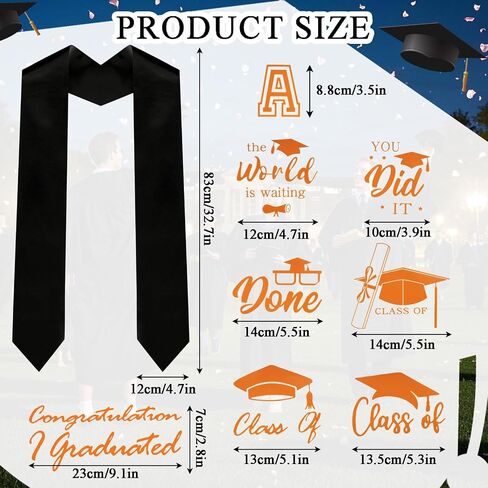 Adult Black Plain Graduation Stole 2025 with A to Z Letter 0 to 9 Number Iron on Patches Heat Transfer Applique Decor in Kuwait