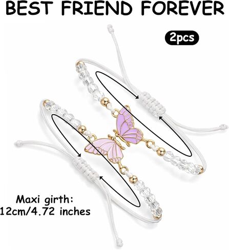 2 Pcs Best Friend Bracelets, Butterfly Friendship Bracelets with Charm Beads, Adjustable Matching Jewelry Gifts for Women Couples (White Purple Pink Gold, 4.72 In)(1) (1) in Saudi Arabia