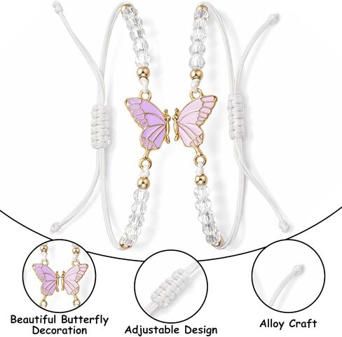 2 Pcs Best Friend Bracelets, Butterfly Friendship Bracelets with Charm Beads, Adjustable Matching Jewelry Gifts for Women Couples (White Purple Pink Gold, 4.72 In)(1) (1) in Saudi Arabia