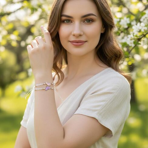 2 Pcs Best Friend Bracelets, Butterfly Friendship Bracelets with Charm Beads, Adjustable Matching Jewelry Gifts for Women Couples (White Purple Pink Gold, 4.72 In)(1) (1) in Saudi Arabia