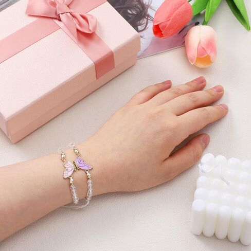 2 Pcs Best Friend Bracelets, Butterfly Friendship Bracelets with Charm Beads, Adjustable Matching Jewelry Gifts for Women Couples (White Purple Pink Gold, 4.72 In)(1) (1) in Saudi Arabia