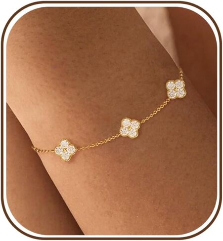 XIXINI Gold Bracelets for Women Non Tarnish, Dainty Cute 14k Gold Plated CZ Clover Bracelets for Women Trendy Cute Opal Heart Gold Bracelet Charm Thin Womens Bracelets Fashion Waterproof Gold Jewelry in Saudi Arabia