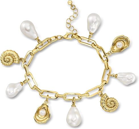 Ross-Simons 14kt Yellow Gold-Plated Paper Clip Link Seashell Charm Bracelet With Simulated Baroque Pearls. 7 inches in Saudi Arabia