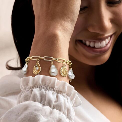 Ross-Simons 14kt Yellow Gold-Plated Paper Clip Link Seashell Charm Bracelet With Simulated Baroque Pearls. 7 inches in Saudi Arabia
