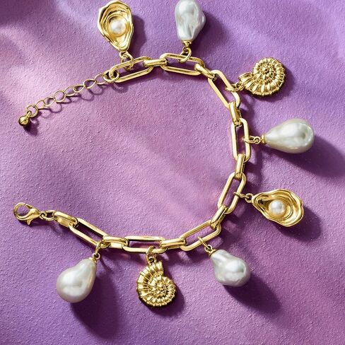 Ross-Simons 14kt Yellow Gold-Plated Paper Clip Link Seashell Charm Bracelet With Simulated Baroque Pearls. 7 inches in Saudi Arabia