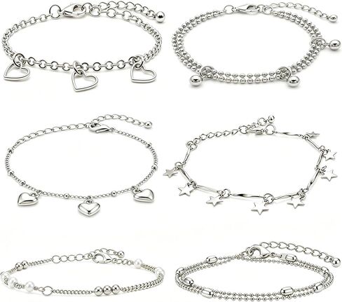 6 Pcs Charm Bracelets for Women,Adjustable Stackable Bracelet Set with Heart Star Pearl Beaded Chains, Dainty Layered Jewelry Gift for Anniversary Valentine Birthday Mothers Day in Kuwait