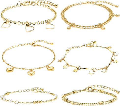 6 Pcs Charm Bracelets for Women,Adjustable Stackable Bracelet Set with Heart Star Pearl Beaded Chains, Dainty Layered Jewelry Gift for Anniversary Valentine Birthday Mothers Day in Kuwait