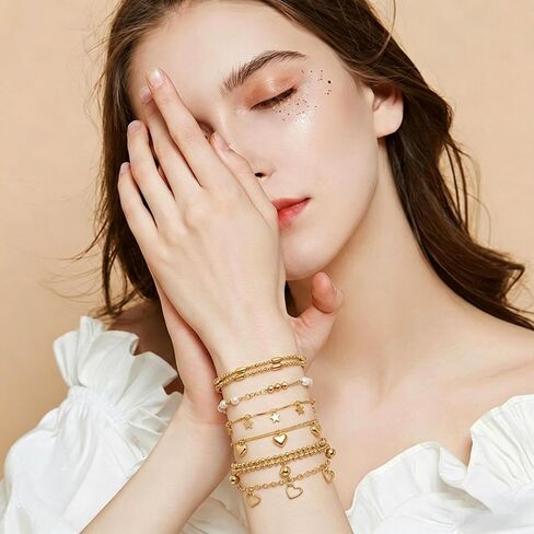 6 Pcs Charm Bracelets for Women,Adjustable Stackable Bracelet Set with Heart Star Pearl Beaded Chains, Dainty Layered Jewelry Gift for Anniversary Valentine Birthday Mothers Day in Kuwait