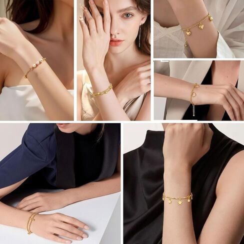 6 Pcs Charm Bracelets for Women,Adjustable Stackable Bracelet Set with Heart Star Pearl Beaded Chains, Dainty Layered Jewelry Gift for Anniversary Valentine Birthday Mothers Day in Kuwait
