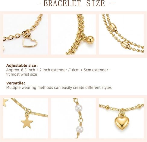 6 Pcs Charm Bracelets for Women,Adjustable Stackable Bracelet Set with Heart Star Pearl Beaded Chains, Dainty Layered Jewelry Gift for Anniversary Valentine Birthday Mothers Day in Kuwait