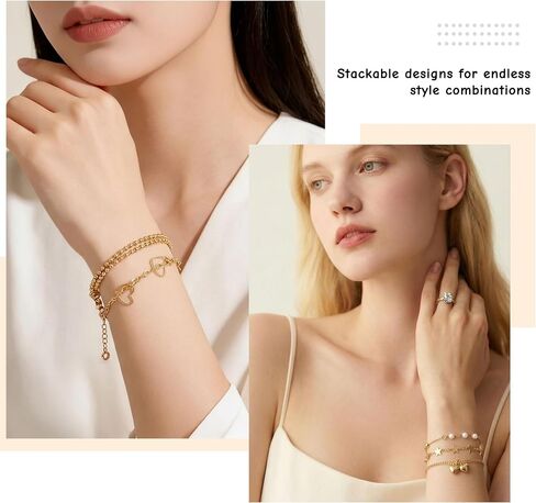6 Pcs Charm Bracelets for Women,Adjustable Stackable Bracelet Set with Heart Star Pearl Beaded Chains, Dainty Layered Jewelry Gift for Anniversary Valentine Birthday Mothers Day in Kuwait