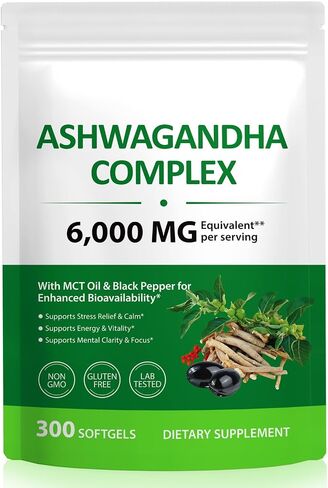 Ashwagandha Extract Softgels, 300 Softgels - with MCT Oil & Black Pepper - Herbal Supplement for Relaxation & Calm Mood in Kuwait