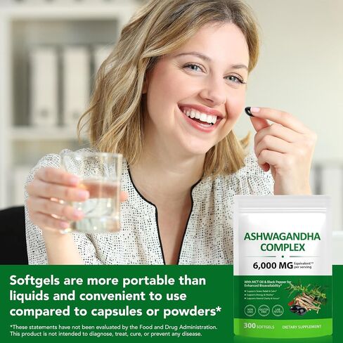 Ashwagandha Extract Softgels, 300 Softgels - with MCT Oil & Black Pepper - Herbal Supplement for Relaxation & Calm Mood in Kuwait