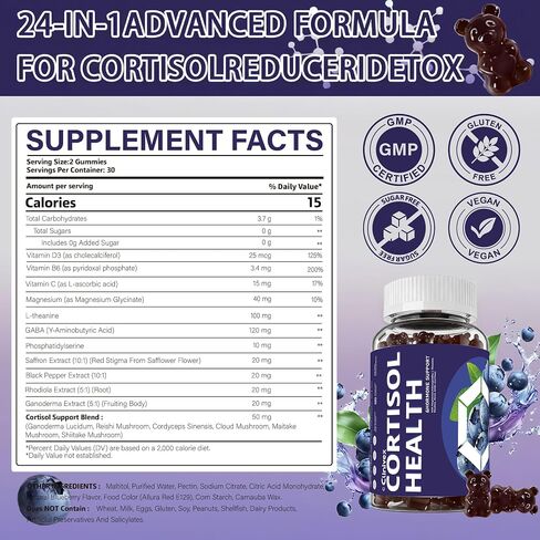 24-in-1 Cortisol Reducer for Women & Men, Magnesium, Ashwagandha, L-Theanine, Rhodiola, GABA - Supports Stress Relief, Focus, Mood & Sleep, Belly Fat Management, Sugar-Free Vegan, 60 Ct in Saudi Arabia