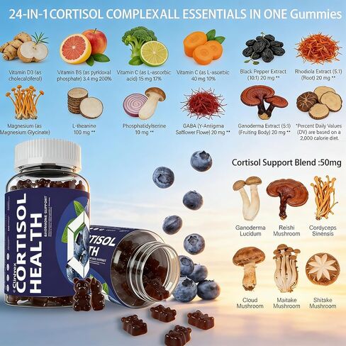 24-in-1 Cortisol Reducer for Women & Men, Magnesium, Ashwagandha, L-Theanine, Rhodiola, GABA - Supports Stress Relief, Focus, Mood & Sleep, Belly Fat Management, Sugar-Free Vegan, 60 Ct in Saudi Arabia