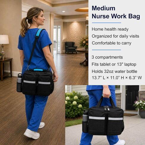 Professional Nurse Shoulder Bag, 3 Compartments, Comfort Features, Lockable Zippers, Padded Device Pocket for Home Health Nurses, Medium in Saudi Arabia