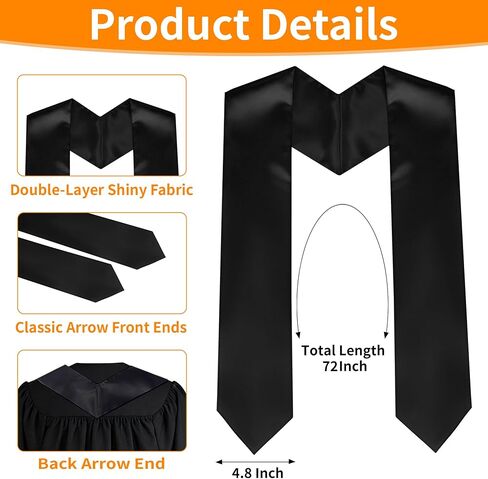 72 Inch Black Plain Graduation Stole - Graduation Sash Class of 2025 With Classic Tips - Unisex Adult Honor Stole for Academic Ceremony and Choral in Saudi Arabia