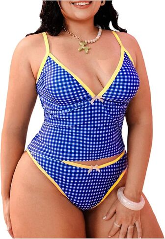 SOLY HUX Women's Plus Size Tankini Swimsuits Plaid Gingham Bow Bathing Suit Summer Two Piece Swimsuit in Kuwait