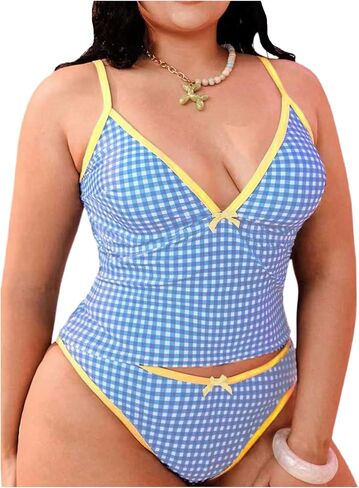 SOLY HUX Women's Plus Size Tankini Swimsuits Plaid Gingham Bow Bathing Suit Summer Two Piece Swimsuit in Kuwait