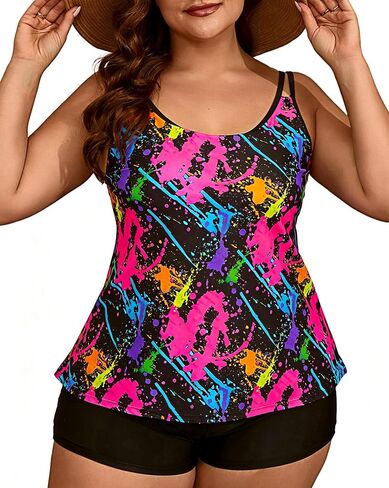 Women Plus Size Two Piece Tankini Swimsuit Modest Tummy Control Beachwear Flowy Top with High Waisted Boyshort in Kuwait