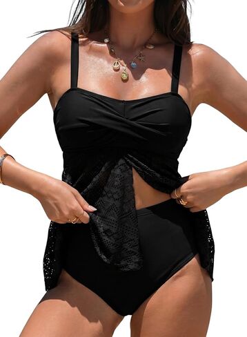 ملابس سباحة Aleumdr Tankini للنساء ملابس سباحة متواضعة مكونة من قطعتين ملابس سباحة شبكية واسعة مع جزء سفلي عالي الخصر in Kuwait