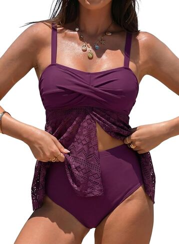 ملابس سباحة Aleumdr Tankini للنساء ملابس سباحة متواضعة مكونة من قطعتين ملابس سباحة شبكية واسعة مع جزء سفلي عالي الخصر in Kuwait