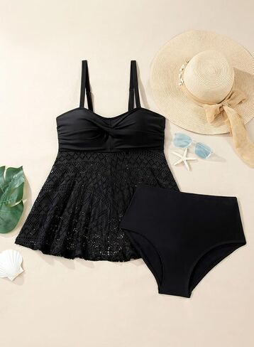 ملابس سباحة Aleumdr Tankini للنساء ملابس سباحة متواضعة مكونة من قطعتين ملابس سباحة شبكية واسعة مع جزء سفلي عالي الخصر in Kuwait