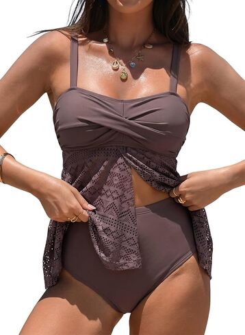 ملابس سباحة Aleumdr Tankini للنساء ملابس سباحة متواضعة مكونة من قطعتين ملابس سباحة شبكية واسعة مع جزء سفلي عالي الخصر in Kuwait