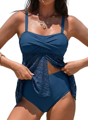 ملابس سباحة Aleumdr Tankini للنساء ملابس سباحة متواضعة مكونة من قطعتين ملابس سباحة شبكية واسعة مع جزء سفلي عالي الخصر in Kuwait