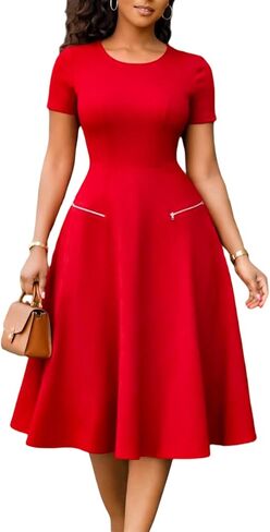 Voghtic Women's Fit and Flare Midi Dress - Short Sleeve Round Neck Work Office Dress in Kuwait