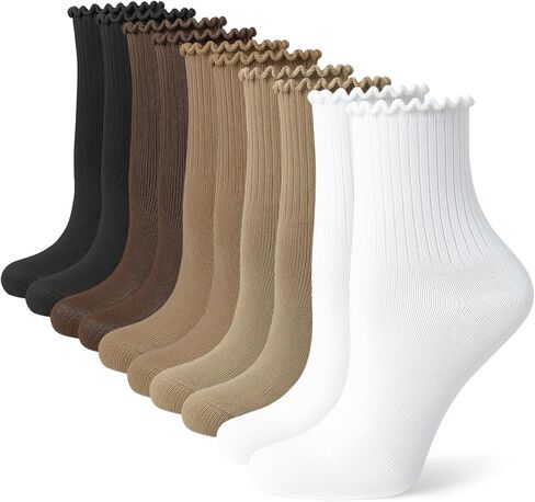 Ruffle Socks for Women, 10 Pairs Frilly Crew Dress Socks with Lettuce Trim, Cute Breathable Ankle Sock for Mary Janes, Ballet Flats, Sneakers, Boots in Kuwait