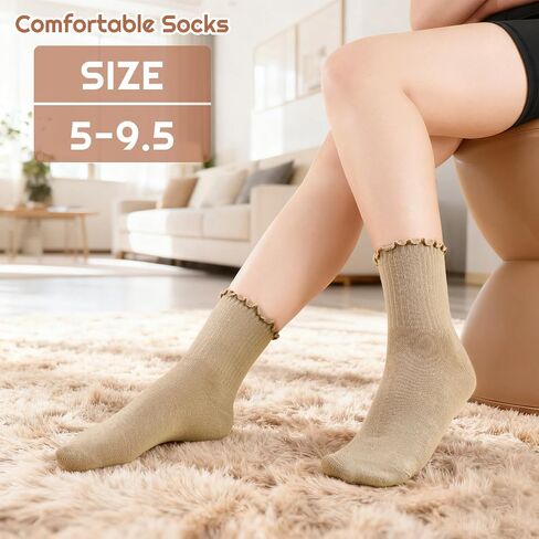 Ruffle Socks for Women, 10 Pairs Frilly Crew Dress Socks with Lettuce Trim, Cute Breathable Ankle Sock for Mary Janes, Ballet Flats, Sneakers, Boots in Kuwait