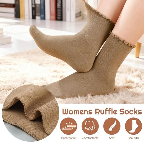 Ruffle Socks for Women, 10 Pairs Frilly Crew Dress Socks with Lettuce Trim, Cute Breathable Ankle Sock for Mary Janes, Ballet Flats, Sneakers, Boots in Kuwait