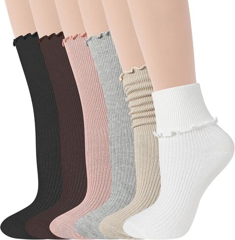 6 Pairs Women Ruffle Socks, Cute Frilly Crew Socks Breathable Cotton Casual Ankle Sock for Women Girls US 5-8.5 in Kuwait