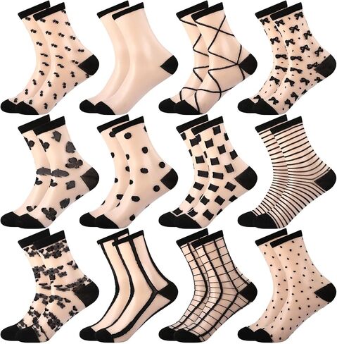 12 Pairs Sheer Socks Women, Black See Through Socks Thin Cool Lace Trouser Mesh Sock Fishnet Ankle Socks Summer in Kuwait