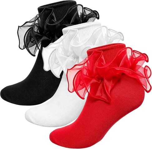 3 Pair Big Ruffle Ankle Socks Double Layered Ruffle Lace Socks Turn Cuff Cotton Sock for Women Cute Dress Sock in Kuwait