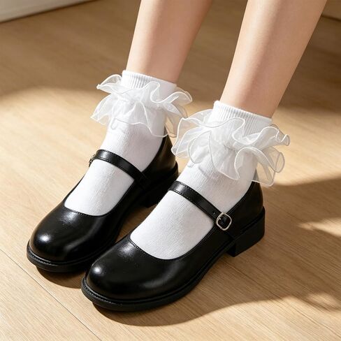3 Pair Big Ruffle Ankle Socks Double Layered Ruffle Lace Socks Turn Cuff Cotton Sock for Women Cute Dress Sock in Kuwait