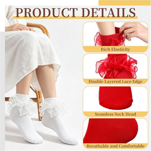 3 Pair Big Ruffle Ankle Socks Double Layered Ruffle Lace Socks Turn Cuff Cotton Sock for Women Cute Dress Sock in Kuwait