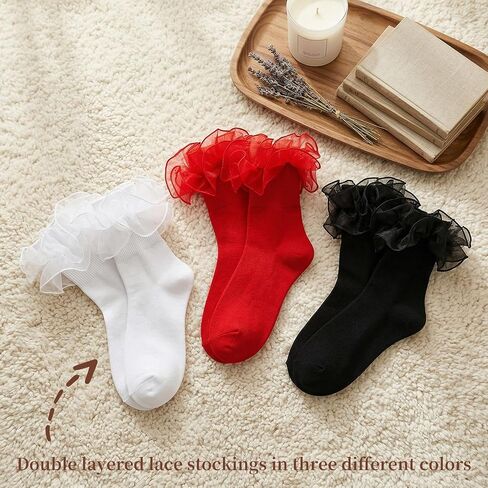 3 Pair Big Ruffle Ankle Socks Double Layered Ruffle Lace Socks Turn Cuff Cotton Sock for Women Cute Dress Sock in Kuwait