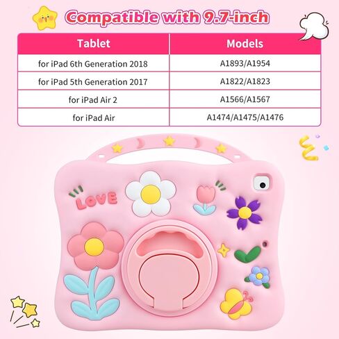 for iPad 5th 6th Generation Pro 9.7 Case for iPad Air 1/2 Screen Protector Pencil Holder Shoulder Strap Kickstand Cute Silicone Proof Full Body Protective Tablet Cover for Kids Yellow Cat in Kuwait