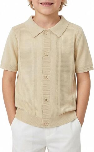Boys Knit Polo Sweater Shirt Short Sleeve Button Down Retro Textured Vertical Cardigan Tops 5-14Y in Kuwait