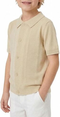 Boys Knit Polo Sweater Shirt Short Sleeve Button Down Retro Textured Vertical Cardigan Tops 5-14Y in Kuwait