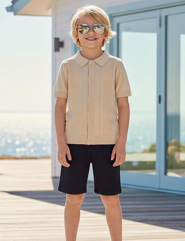Boys Knit Polo Sweater Shirt Short Sleeve Button Down Retro Textured Vertical Cardigan Tops 5-14Y in Kuwait