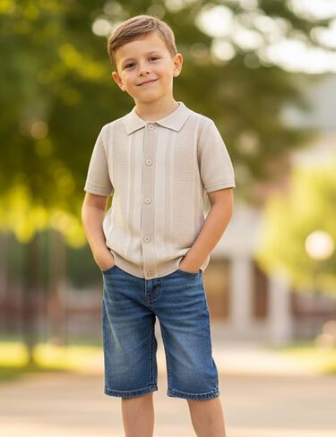 Boys Knit Polo Sweater Shirt Short Sleeve Button Down Retro Textured Vertical Cardigan Tops 5-14Y in Kuwait