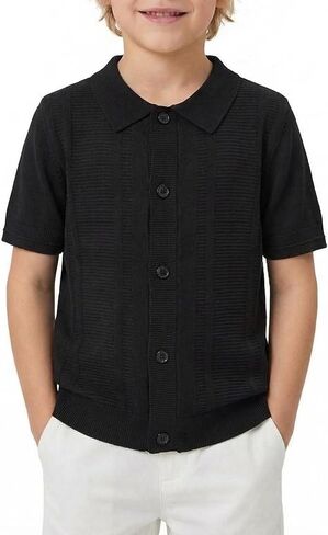 Boys Knit Polo Sweater Shirt Short Sleeve Button Down Retro Textured Vertical Cardigan Tops 5-14Y in Kuwait
