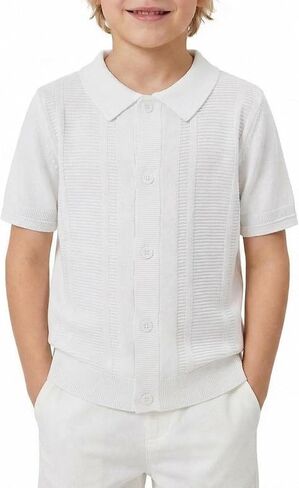Boys Knit Polo Sweater Shirt Short Sleeve Button Down Retro Textured Vertical Cardigan Tops 5-14Y in Kuwait