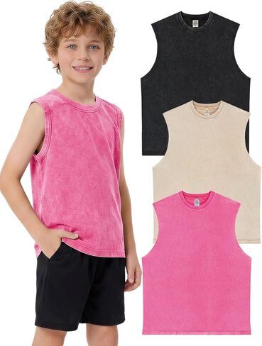 Arssm Boys Tank Tops Kids Athletic Sleeveless T-Shirts Vintage Acid Washed Cotton Tank Tops Tees in Kuwait