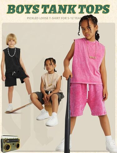 Arssm Boys Tank Tops Kids Athletic Sleeveless T-Shirts Vintage Acid Washed Cotton Tank Tops Tees in Kuwait