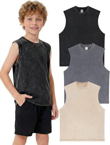 Arssm Boys Tank Tops Kids Athletic Sleeveless T-Shirts Vintage Acid Washed Cotton Tank Tops Tees in Kuwait