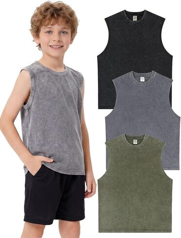Arssm Boys Tank Tops Kids Athletic Sleeveless T-Shirts Vintage Acid Washed Cotton Tank Tops Tees in Kuwait